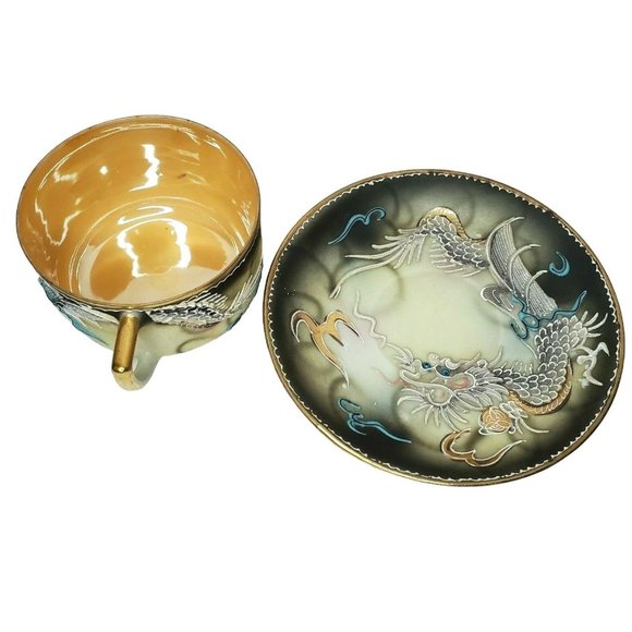 Vintage Japanese Dragonware Teacup & Saucer Set Moriage Demitasse Hand Painted - Picture 2 of 11